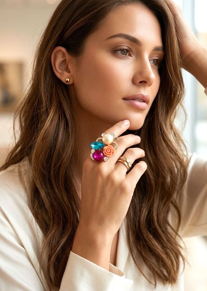 Charming Multi-Gem Flower Adjustable Ring