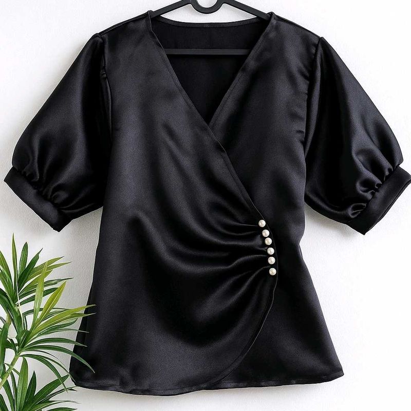 Elegant Black Blouse with Pearl Detail