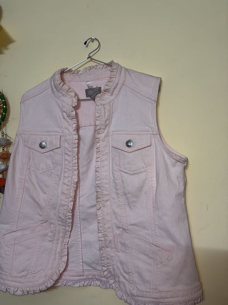 Chic Pink Ruffled Denim Vest