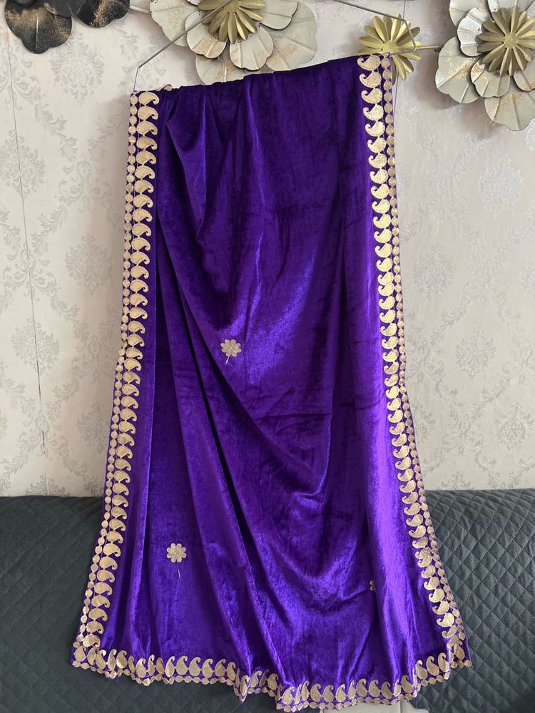 Royal Purple Velvet Saree with Gold Border
