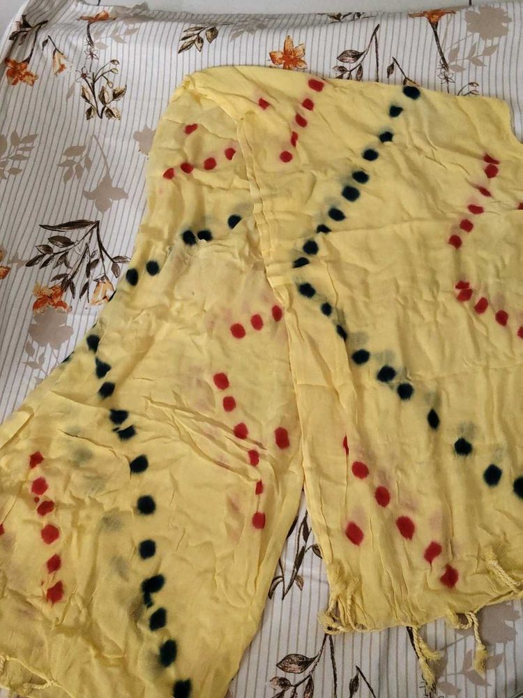 Yellow Bandhani Dupatta with Red &amp; Green Dots