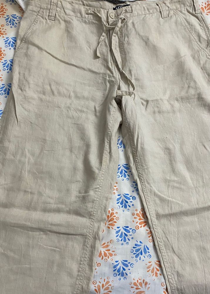 Beige Linen Drawstring Pants