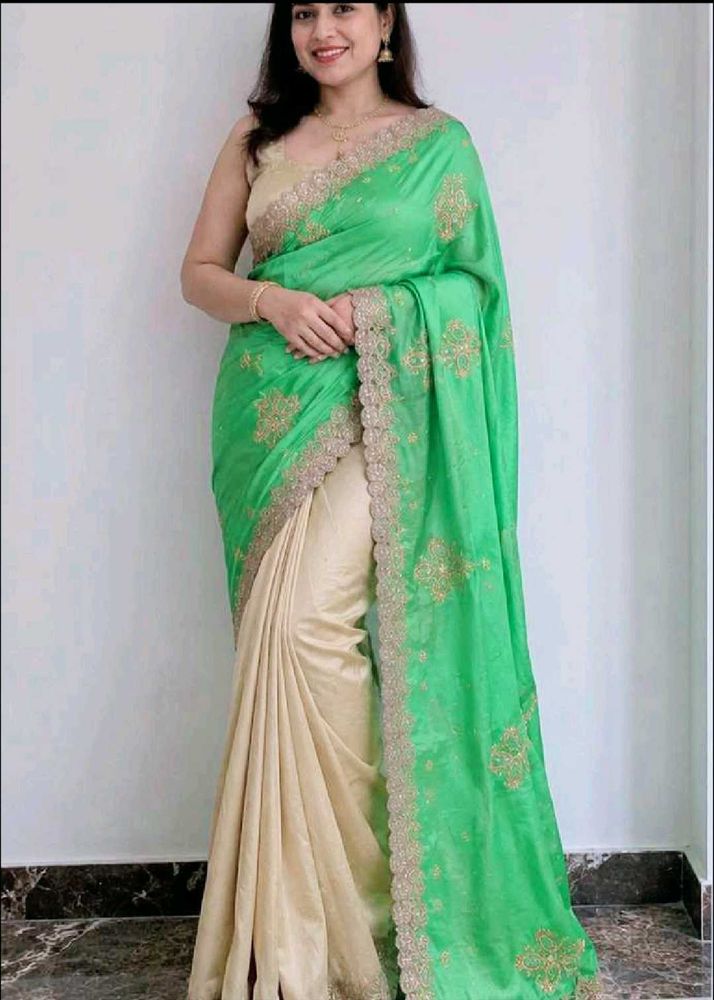 Beautiful Green &amp; Beige Embroidered Saree