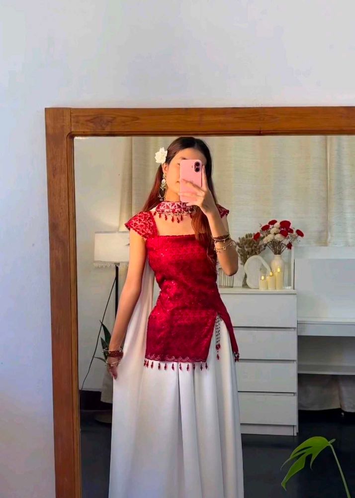 Elegant Red Kurta Set with White Skirt