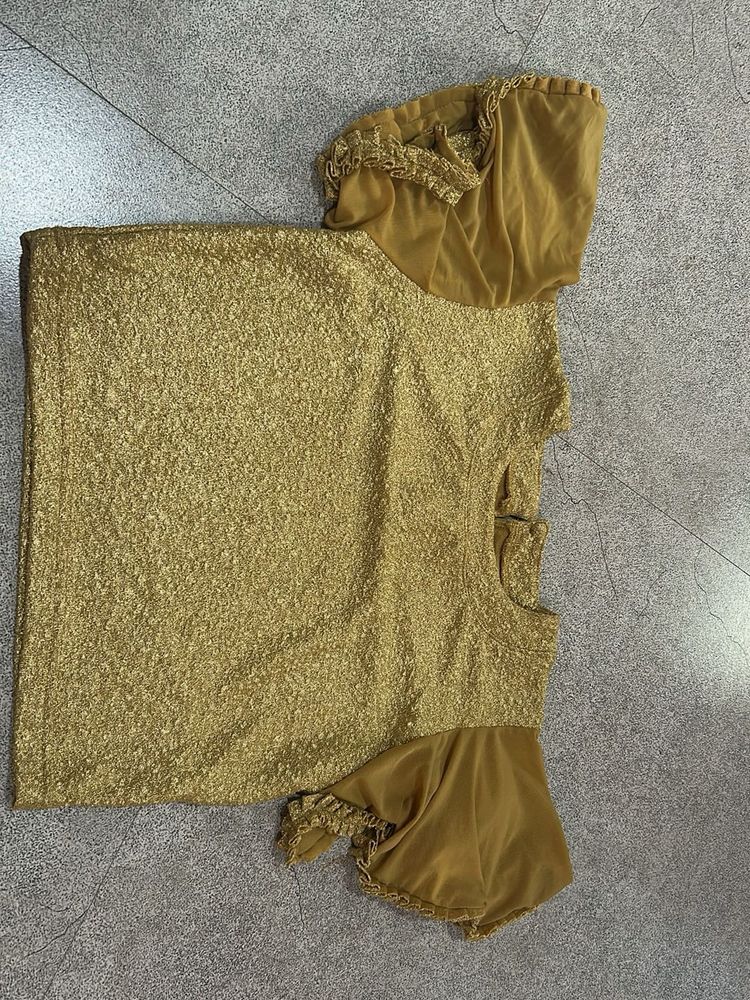 Gold Textured Blouse with Sheer Sleeves