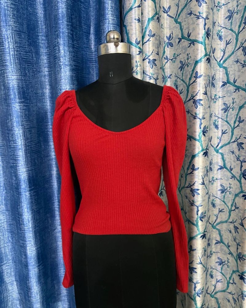 Red Puff Sleeve Ribbed Top