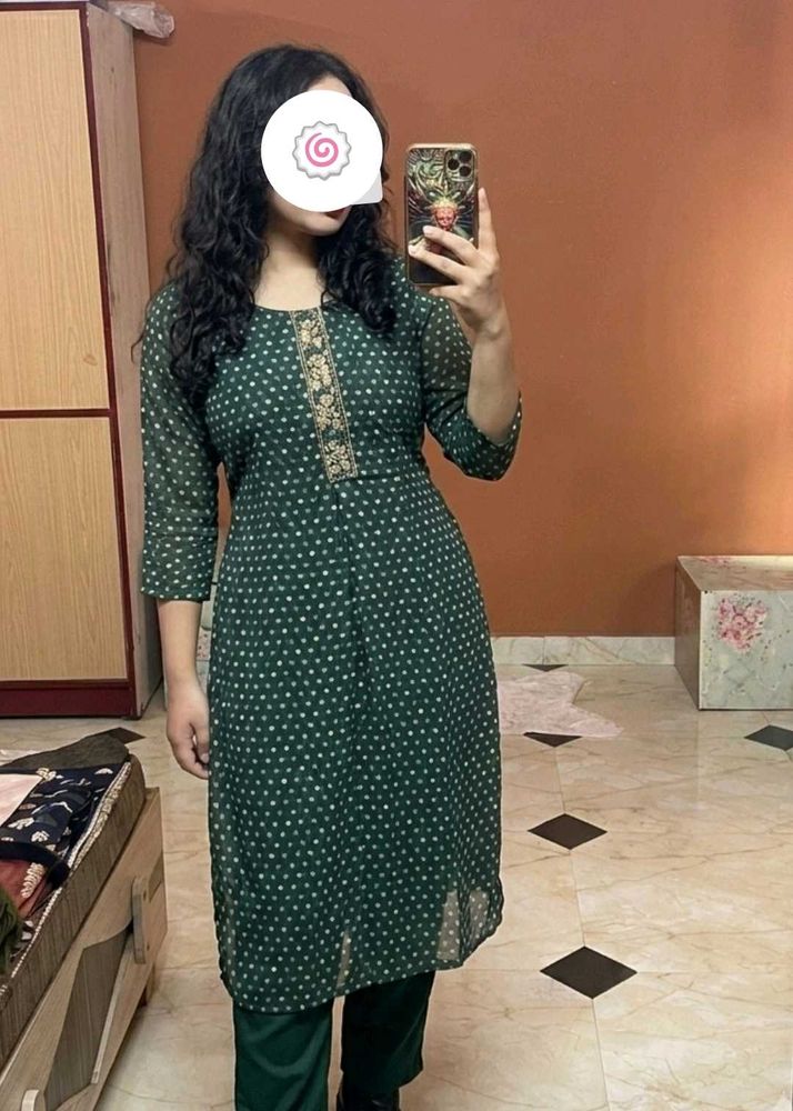 Dark Green Printed Kurti &amp; Pant Set
