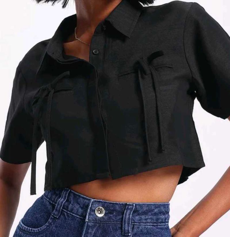 GLITCHEZ casual bow ties crop shirt