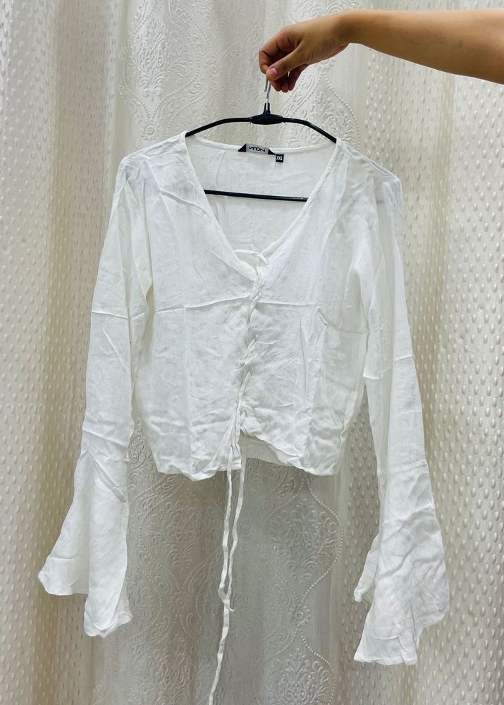White Bell Sleeve Tie-Front Top