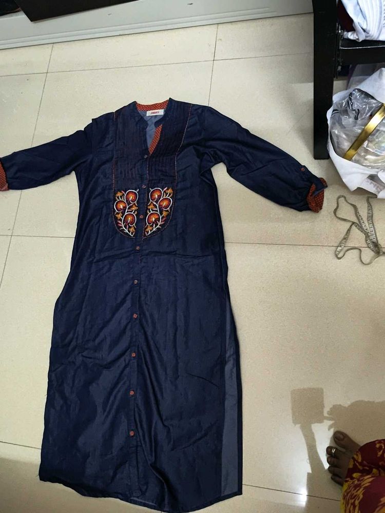 Stylish Embroidered Denim Kurta