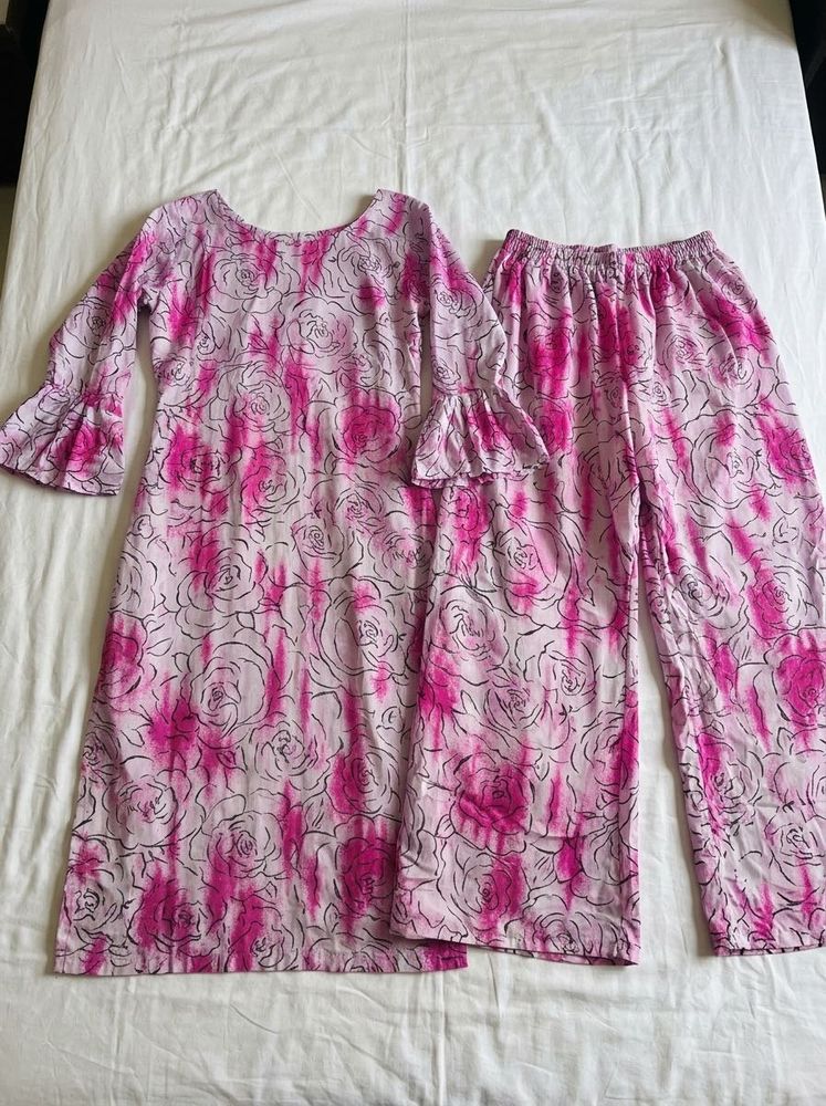 Chic Pink &amp; White Floral Print Kurta and Palazzo S