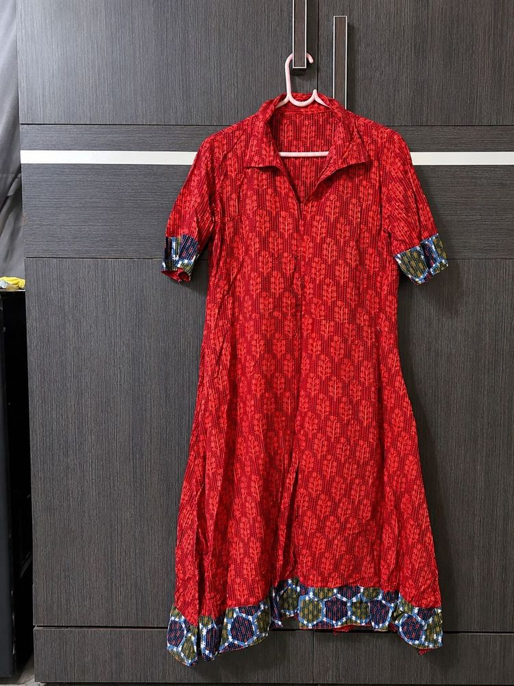 Red Printed Anarkali Cotton Kurti | Ethnic Wear