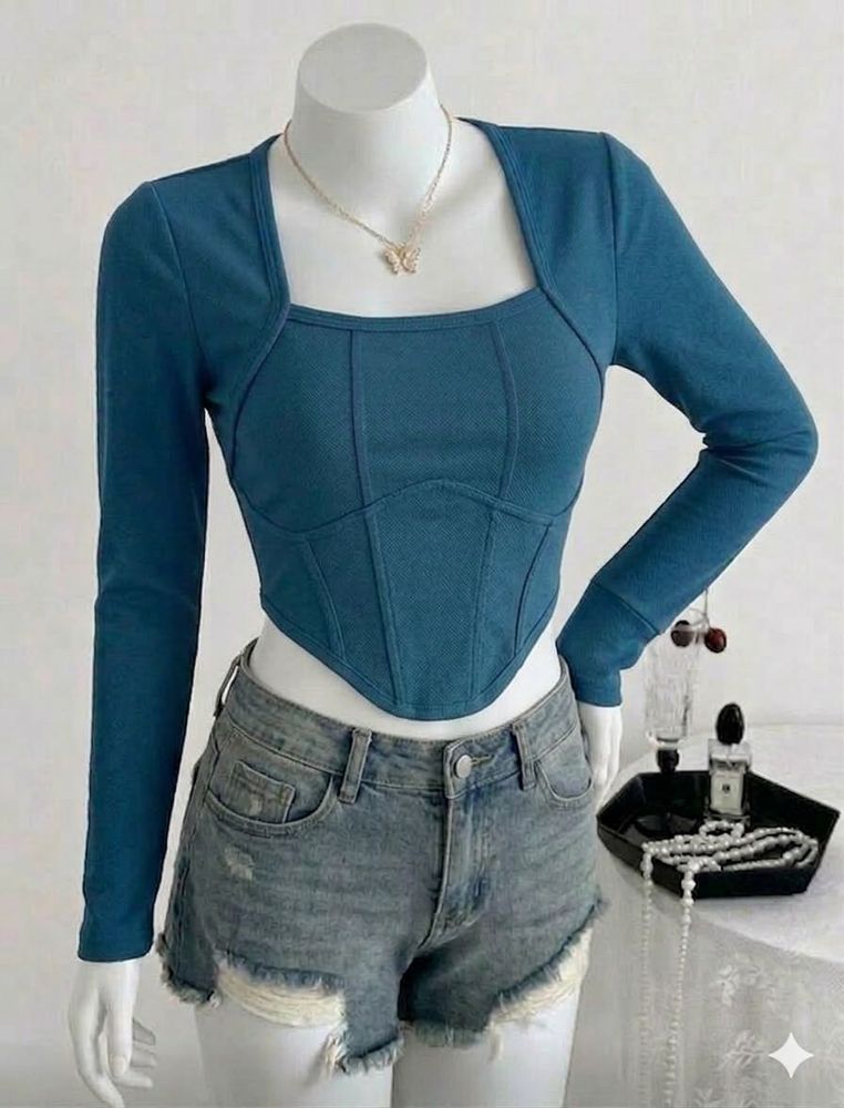 Stylish Blue Square Neck Top