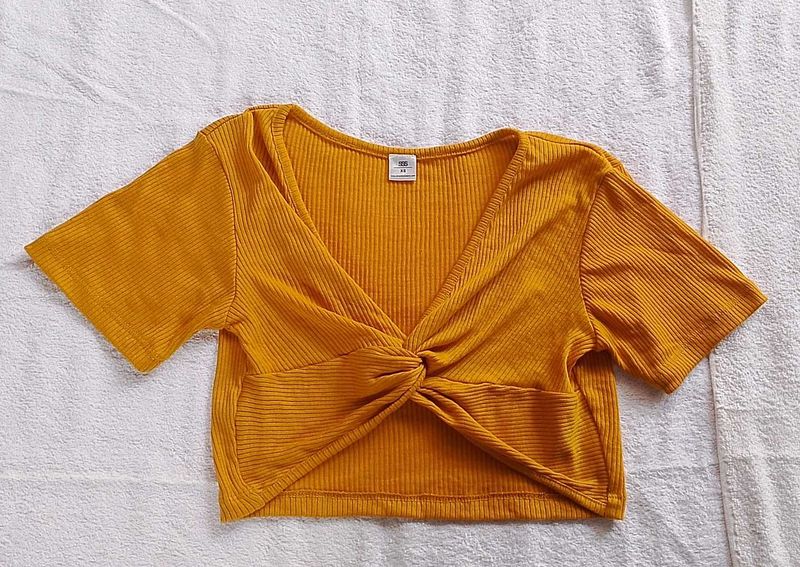 Mustard Yellow Ribbed Twist Front Top