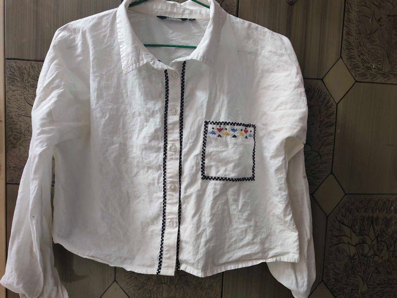 White Cropped Shirt with Embellished Pocket