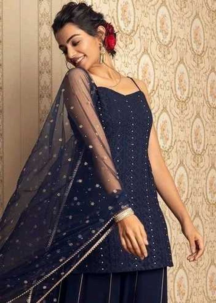 Indya Navy Chikankari Strappy Short Kurti