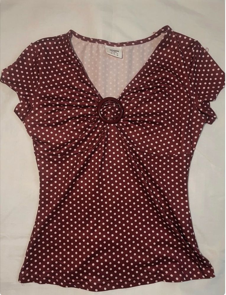 Maroon Polka Dot V-Neck Top