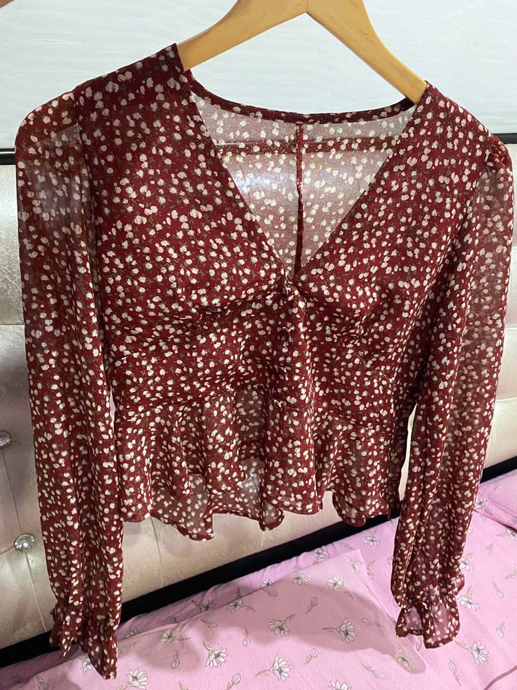 Chic maroon Floral Print Blouse