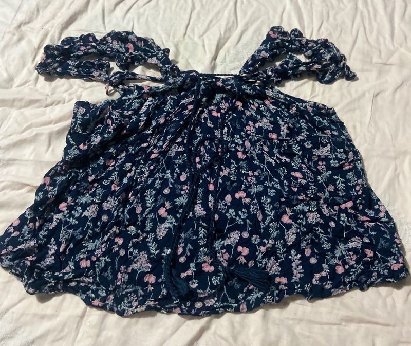 Off Shoulder Floral Print Navy Blue Top