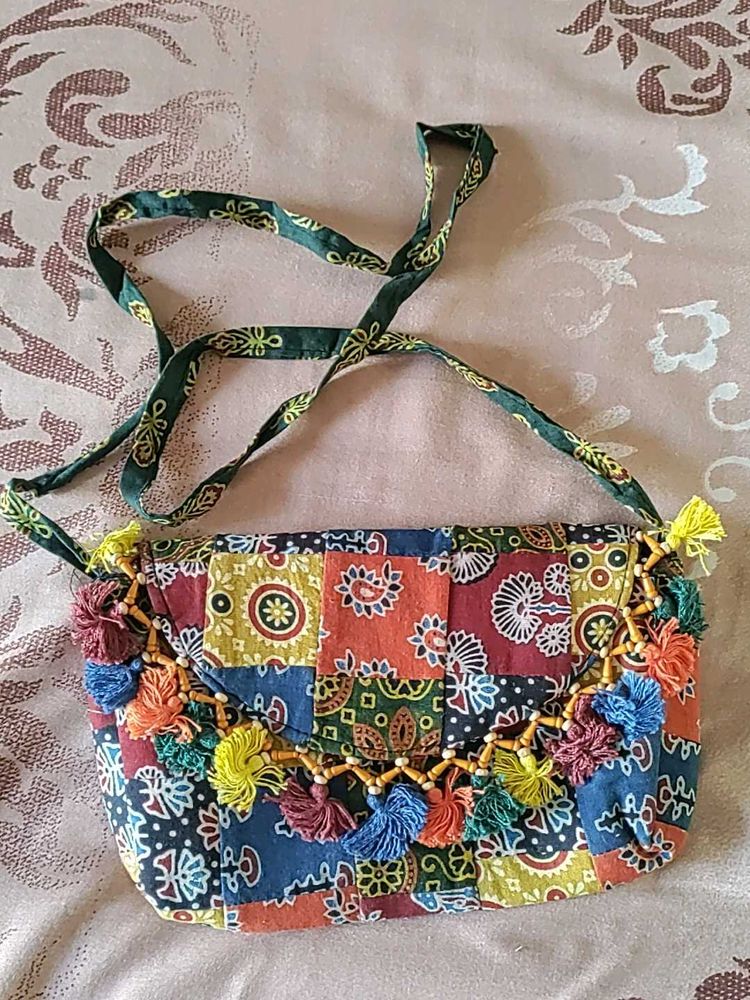Boho Patchwork Sling Bag with Tassels