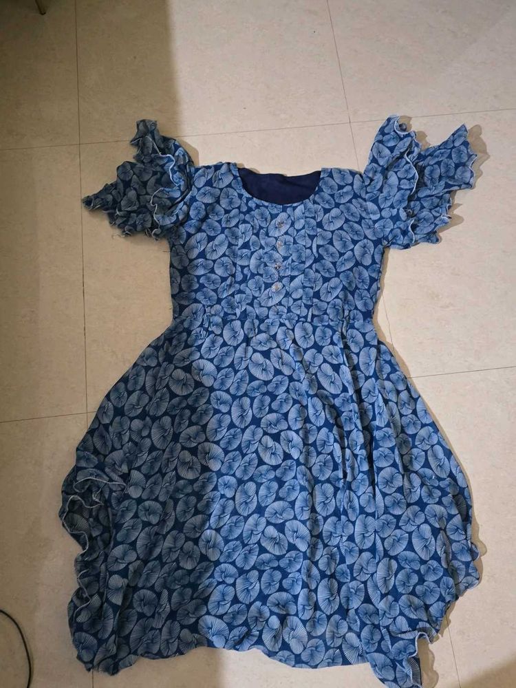 Blue Leaf Print Flared Dress