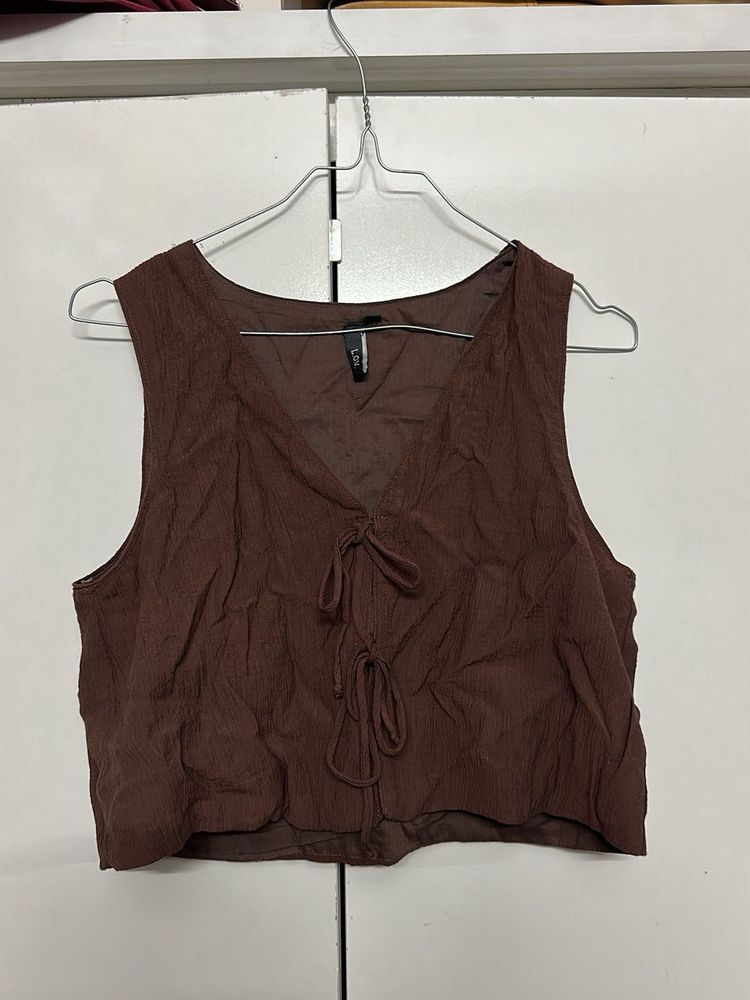 Brown Textured Tie-Front Crop Top