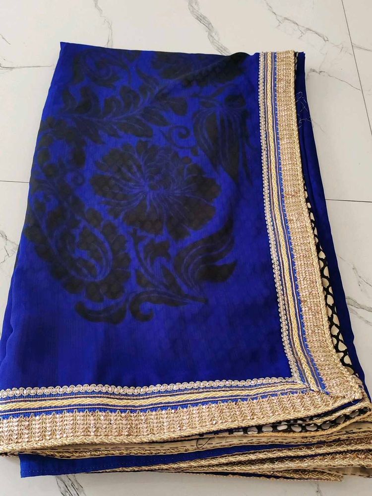 Royal Blue Saree with Black Floral Print
