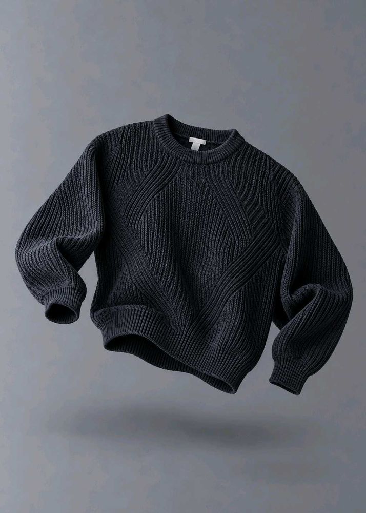 BLACK TEXTURED RIBBED KNIT SWEATER