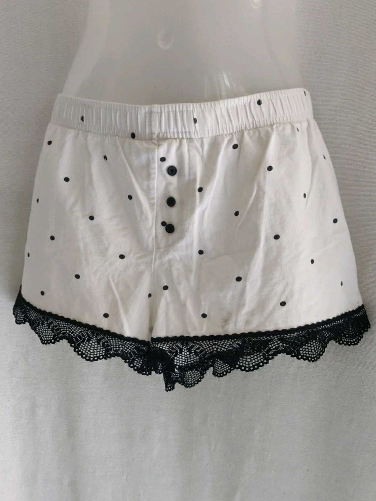 White Polka Dot Pajama Shorts with Lace Trim