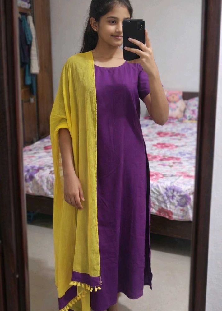 Purple Kurta with Yellow Dupatta Set