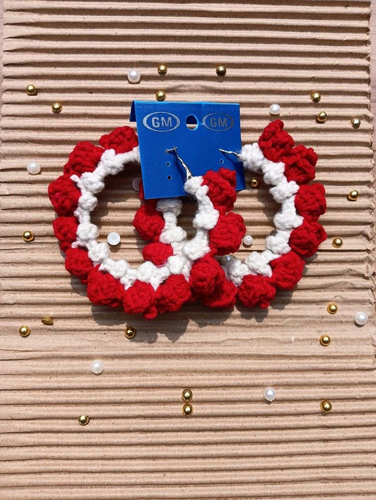 Chunky Red &amp; White Crochet Hoop Earrings