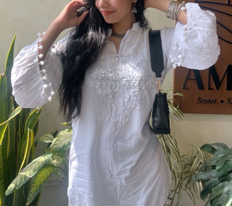 White Embroidered Kurta with Pom-Pom Sleeves