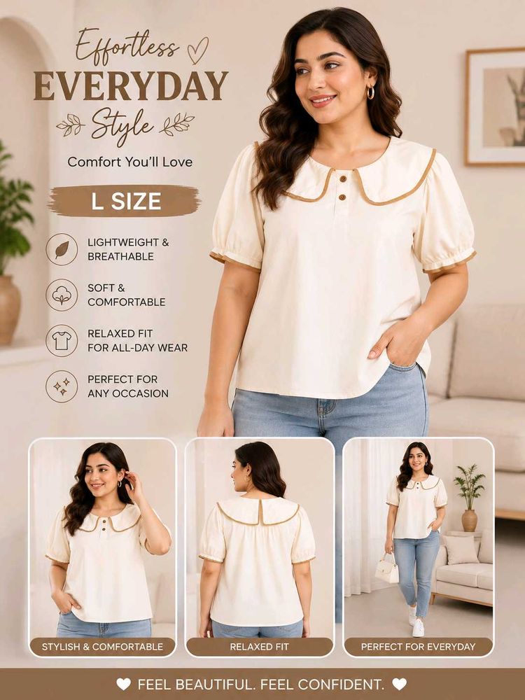 Cream Puff Sleeve Top with Contrast Trim