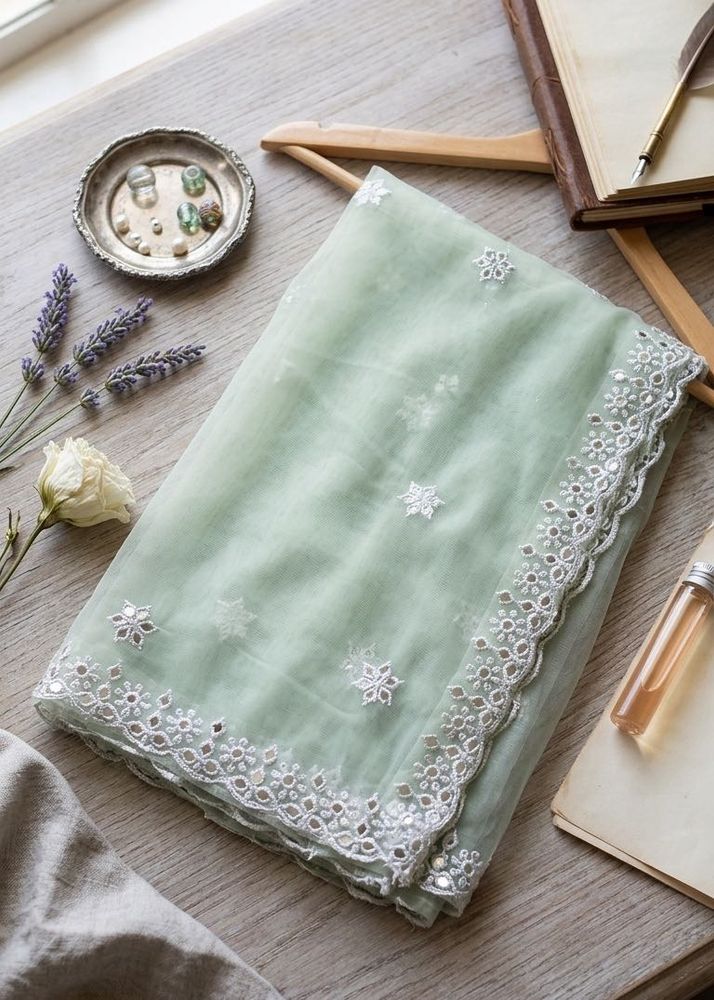 New Elegant Mint Green Embroidered Dupatta