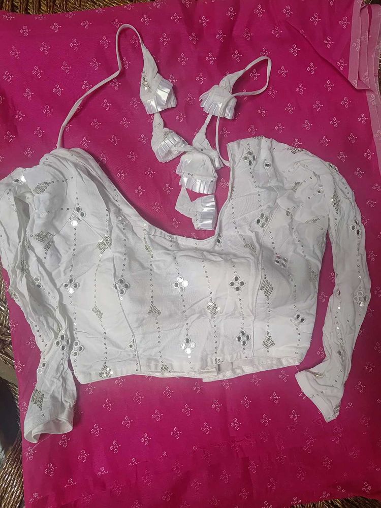 White Embroidered Blouse with Mirror Work