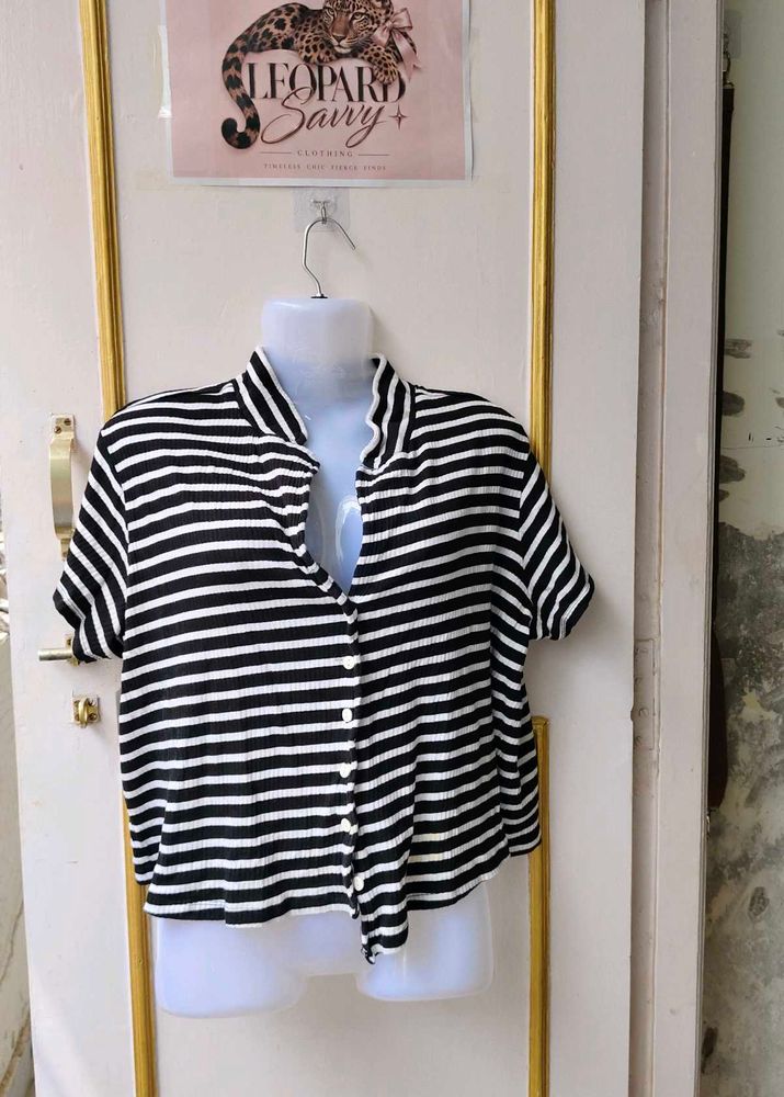 Striped Button-Up Short Sleeve Top
