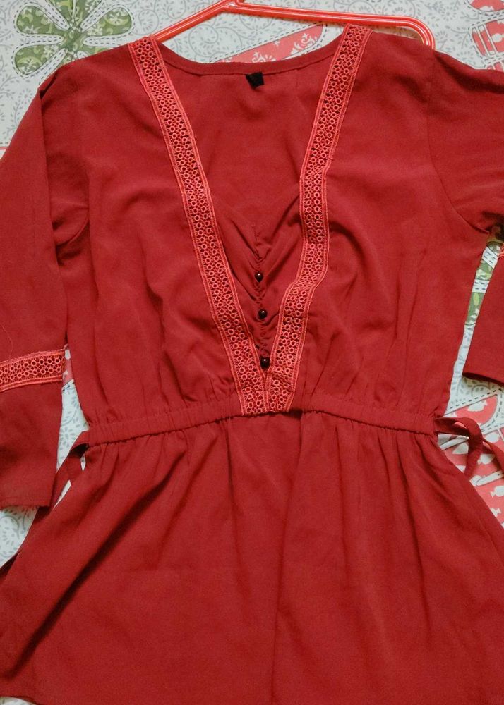 Maroon Lace Trim Peplum Blouse