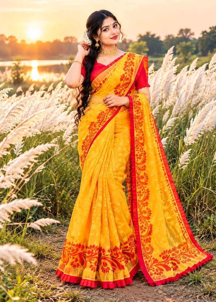 Vibrant Yellow Saree with Red Border