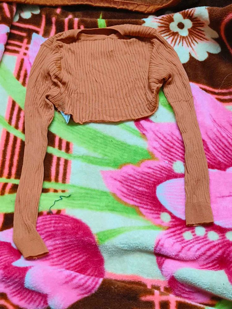 Orange Ribbed Knit Crop Top
