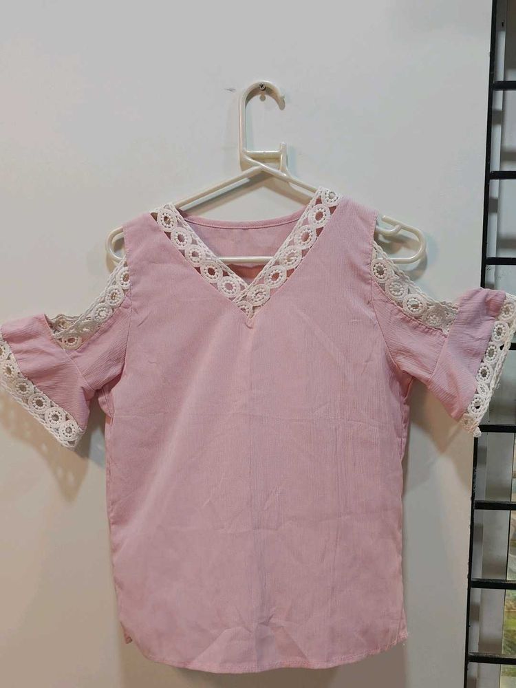 Pink Cold Shoulder Lace Trim Top