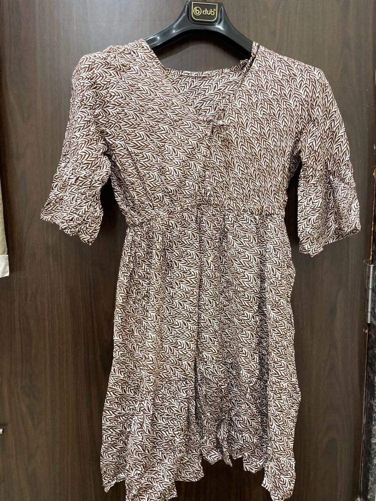 Women’s Brown &amp; White Printed Fit &amp; Flare Mini Dre