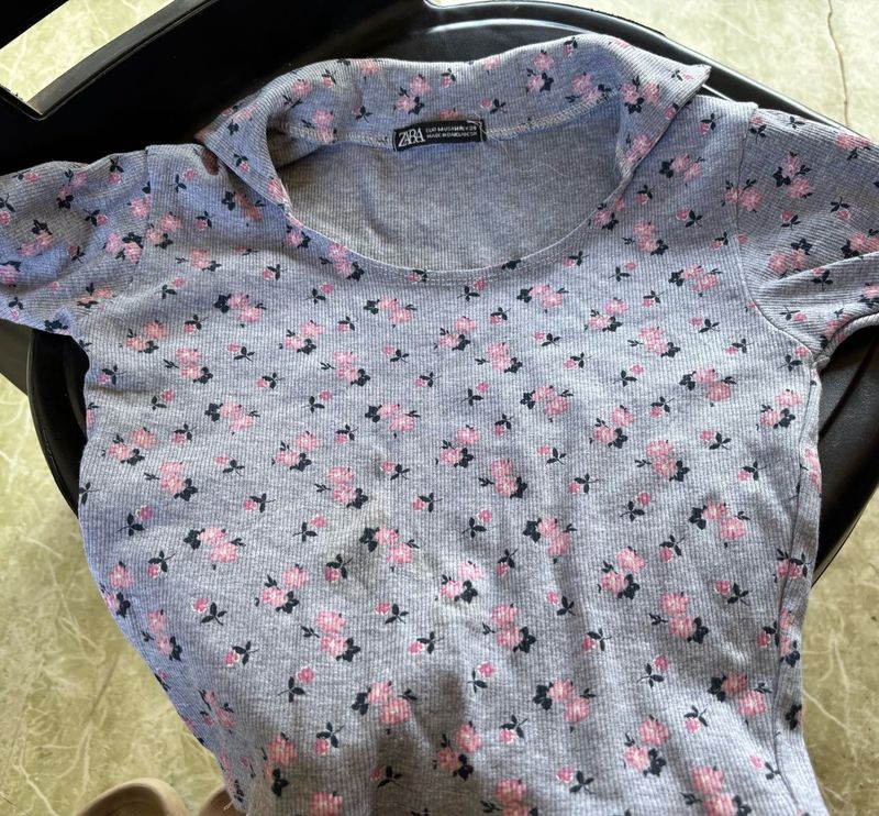 ZARA Floral Ribbed Top