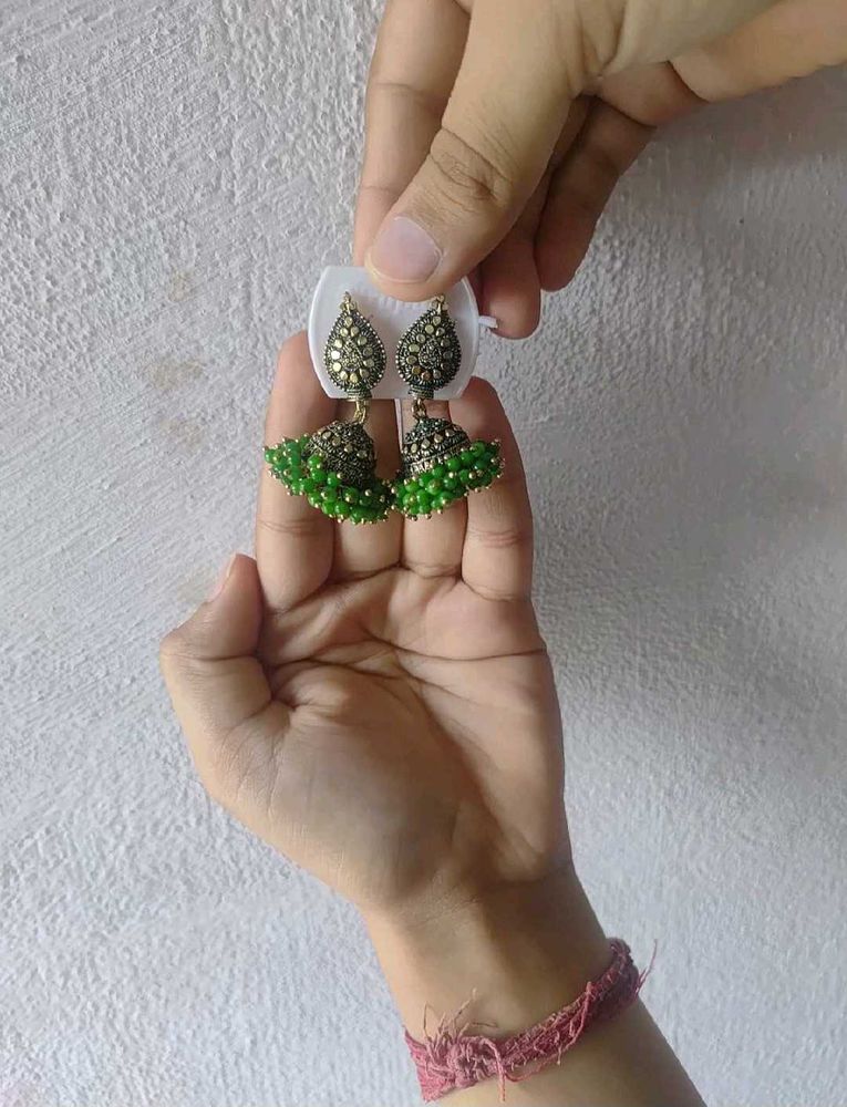 Green Jhumka Earrings