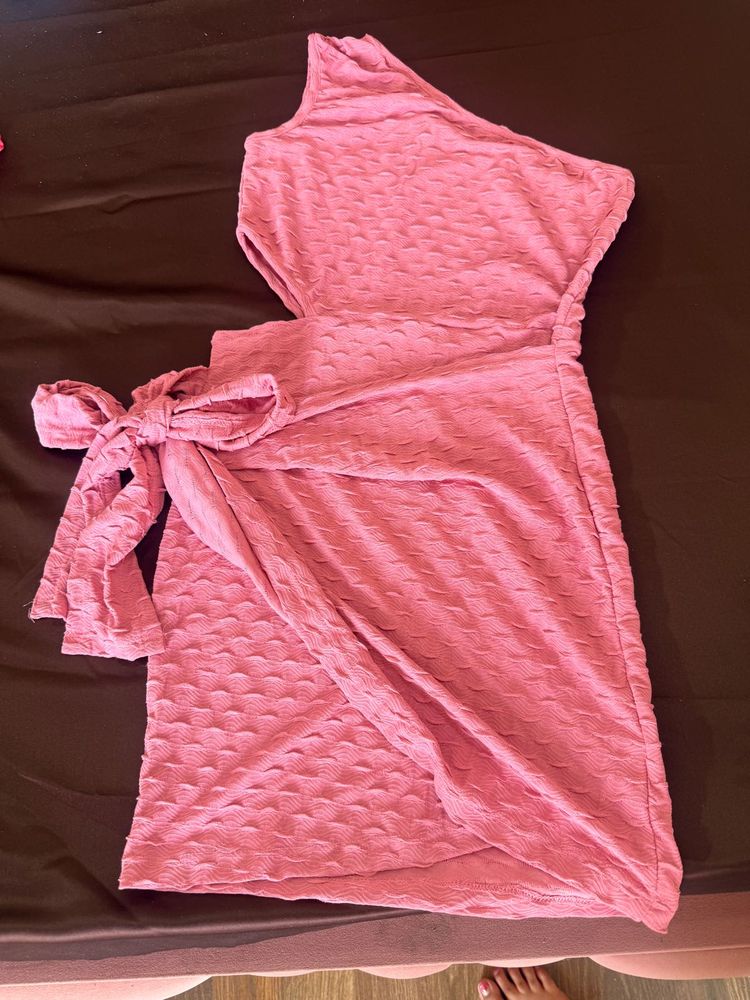 Pink One-Shoulder Textured Wrap Dress