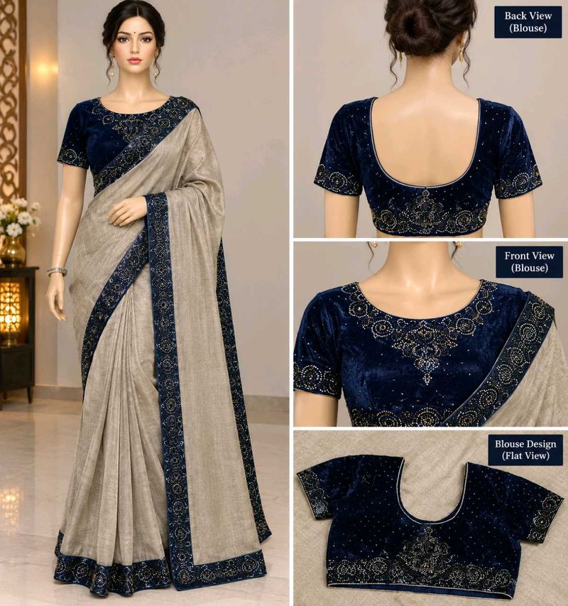 Elegant Beige &amp; Blue Embellished Saree