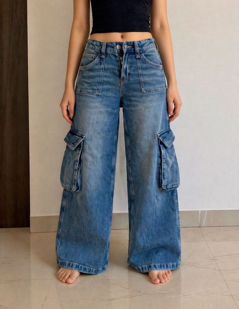 High Waisted Wide Leg Cargo Jeans