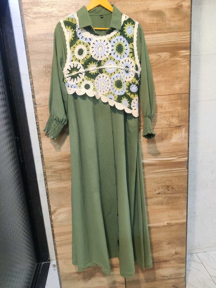 Green Midi Dress with Crochet Overlay