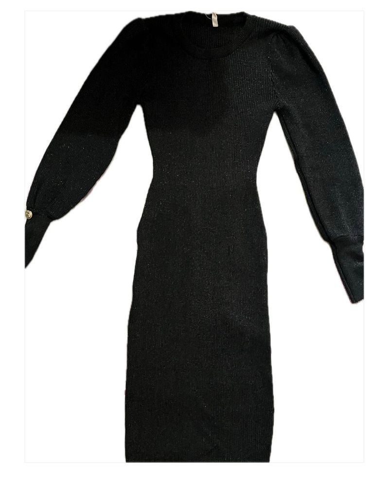 Black Ribbed Puff Sleeve Dress