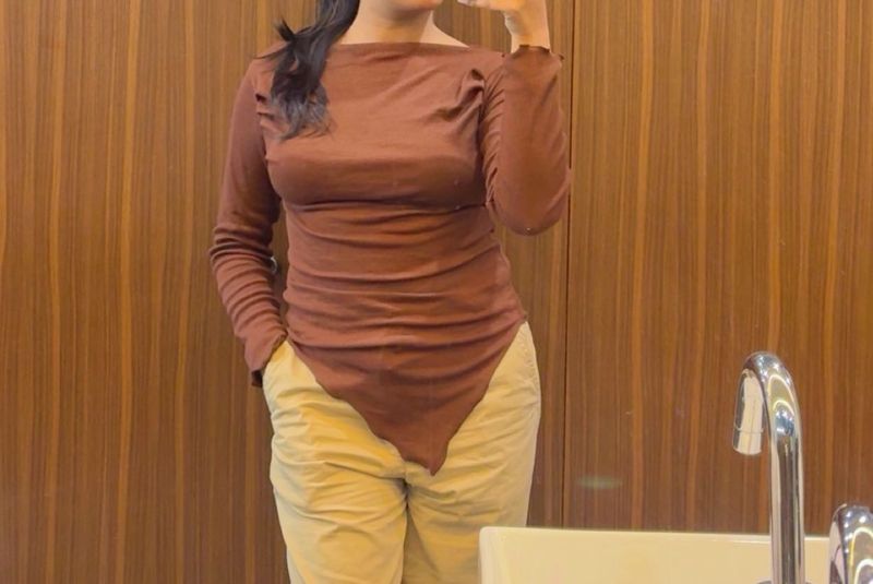 Brown Asymmetrical Long Sleeve Top