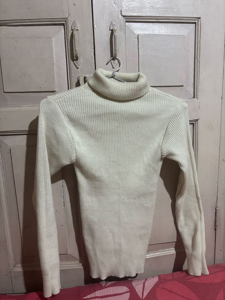 Cream Ribbed Turtleneck Sweater